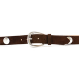 Harriet Belt in chocolate suede with silver coin conchos, buckle detail view