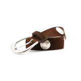 Harriet Belt in chocolate suede with silver coin conchos, coiled angle view