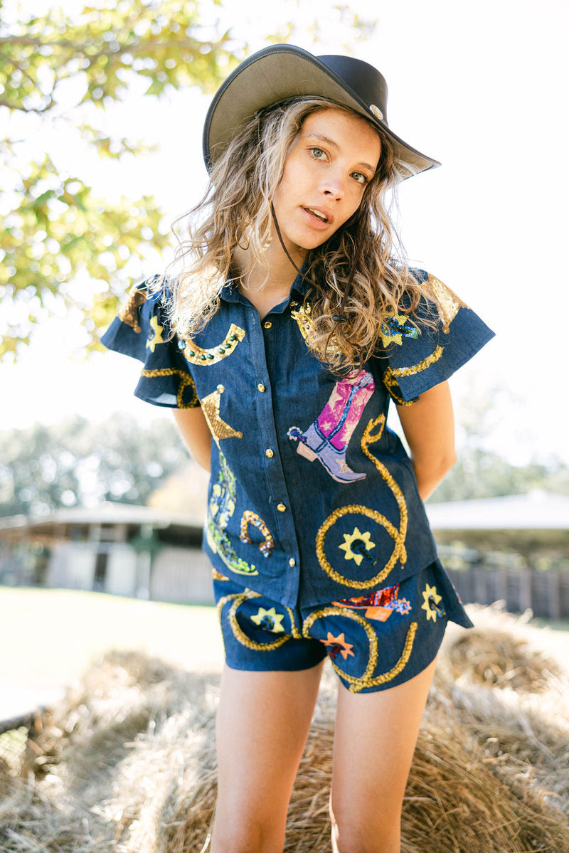 Queen Of Sparkles - Denim Cowgirl Icon Collar Top