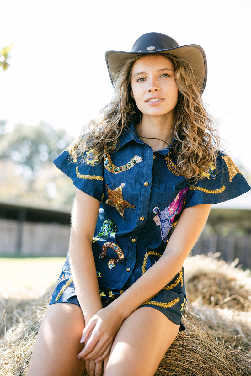 Queen Of Sparkles - Denim Cowgirl Icon Collar Top
