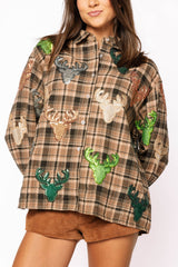 Queen of Sparkles - Brown Plaid Multi Deer Head Button Up