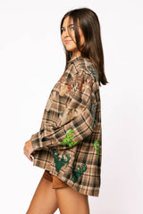 Queen of Sparkles - Brown Plaid Multi Deer Head Button Up