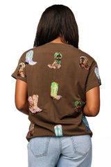 Queen of Sparkles - Tops - Brown Multi Cowboy Boot Tee