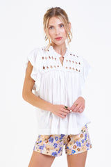 Dear John Denim - Tops - Kezia Knotted Embroidery Top White
