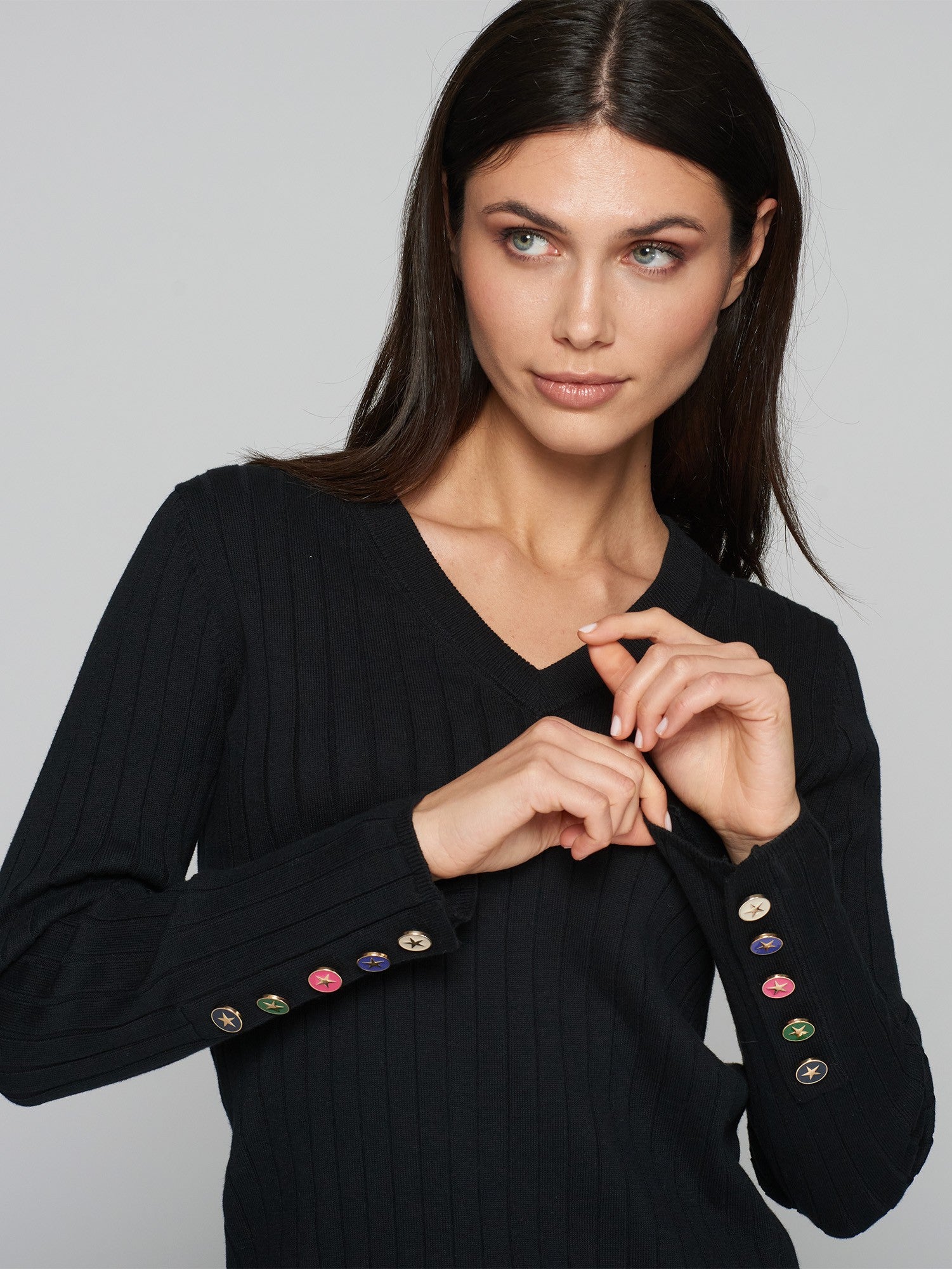 Vilagallo Black V-Neck Sweater | Multicolor Button Details