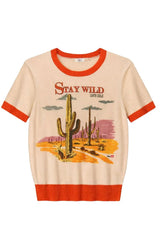 ME369 Nora Cactus knit top with orange trim and desert artwork