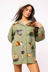 Queen of Sparkles - Green Plaid Turkey Button Up Dress