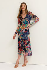 Johnny Was Long Sleeve V-Neck Mesh Midi Dress - Fabiana Scarf, front
