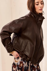 Faux Leather Mock Neck Jacket in Saddle Brown - view 1