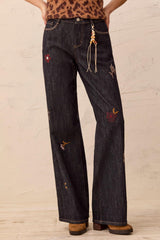 Audrey Embroidered Wide-Leg Jeans in Rinse - view 1