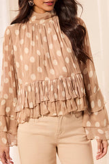 Polka Dot Mock Neck Peplum Blouse in Pashmina - view 1