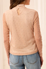 Embellished Mesh Mock Neck Top in Pearl - view 2