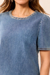 Denim Blouse with Pearls and Stones in Stargazer - view 3