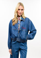 Denim Flag Bomber Jacket in Indigo