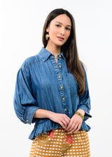 Denim Ruffle Peplum Jacket in Indigo view 2
