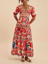 Floral Print Long Dress with Puff Sleeves: FLOWERY / M