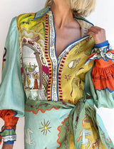 Surreal Print Belted Mini Shirt Dress: GREEN / S
