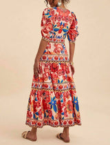 Floral Print Long Dress with Puff Sleeves: FLOWERY / M