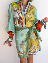 Surreal Print Belted Mini Shirt Dress: GREEN / S