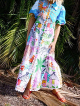 Graphic Print Button-Down Maxi Dress: MULTI / L