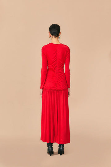 FARM Rio Red 3d Roses Long Sleeve Draped Midi Dress, Red / M FARM Rio Red 3d Roses Long Sleeve Draped Midi Dress, Red / M