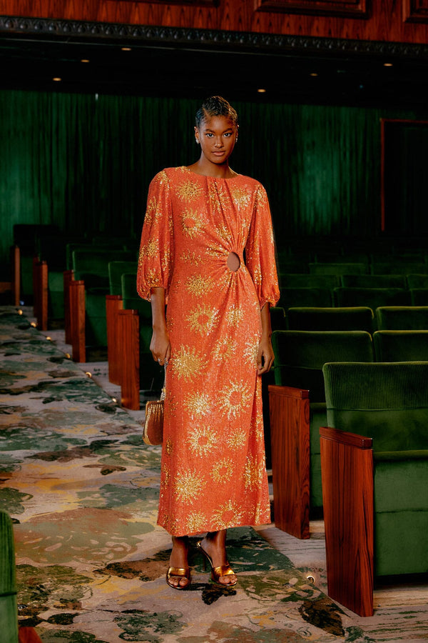 Farm Rio - Orange Sunny Mood Sequin Cut out Midi Dress
