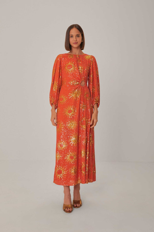 Farm Rio - Orange Sunny Mood Sequin Cut out Midi Dress