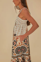 Farm Rio - Flower Fan Tapestry Off-white Midi Dress - Small