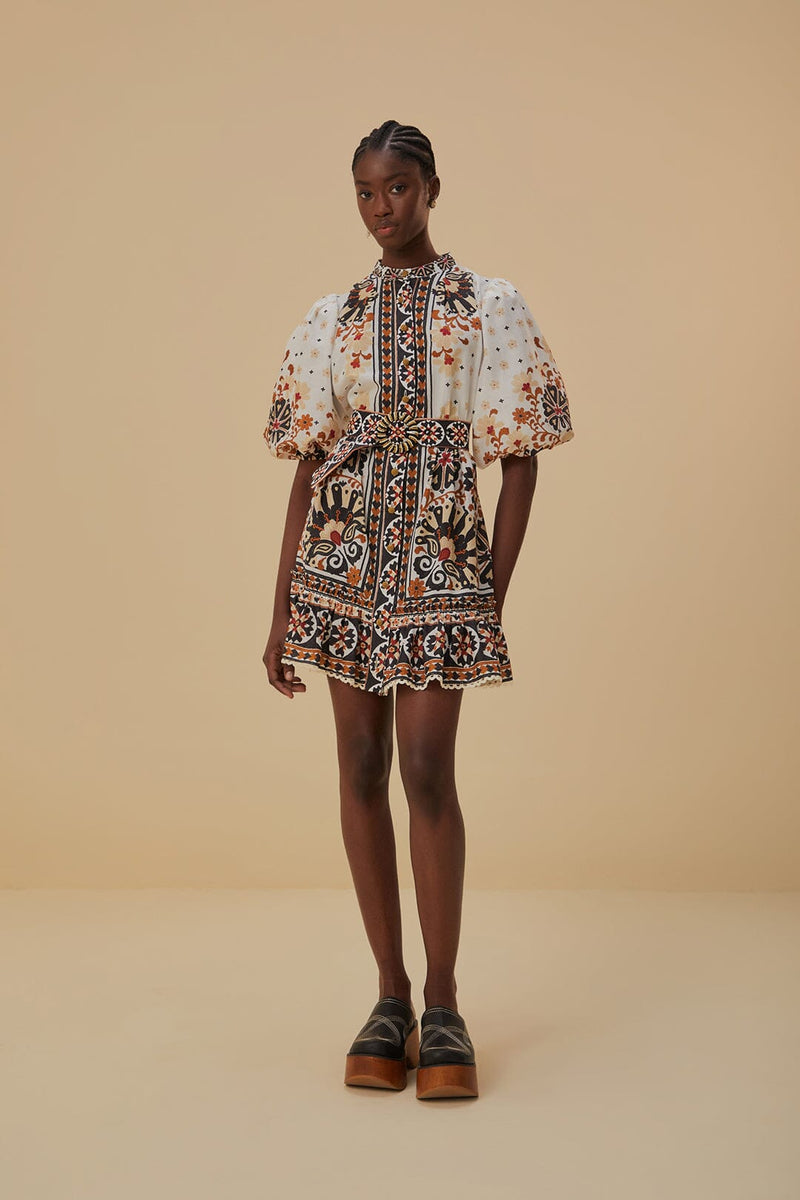 Farm Rio - Flower Fan Tapestry Off-white Mini Dress