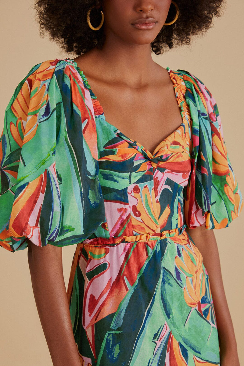 Farm Rio - Multicolor Banana Foliage Puff Sleeve Midi Dress