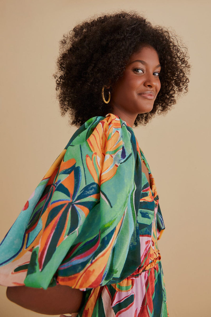 Farm Rio - Multicolor Banana Foliage Puff Sleeve Midi Dress