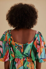 Farm Rio - Multicolor Banana Foliage Puff Sleeve Midi Dress
