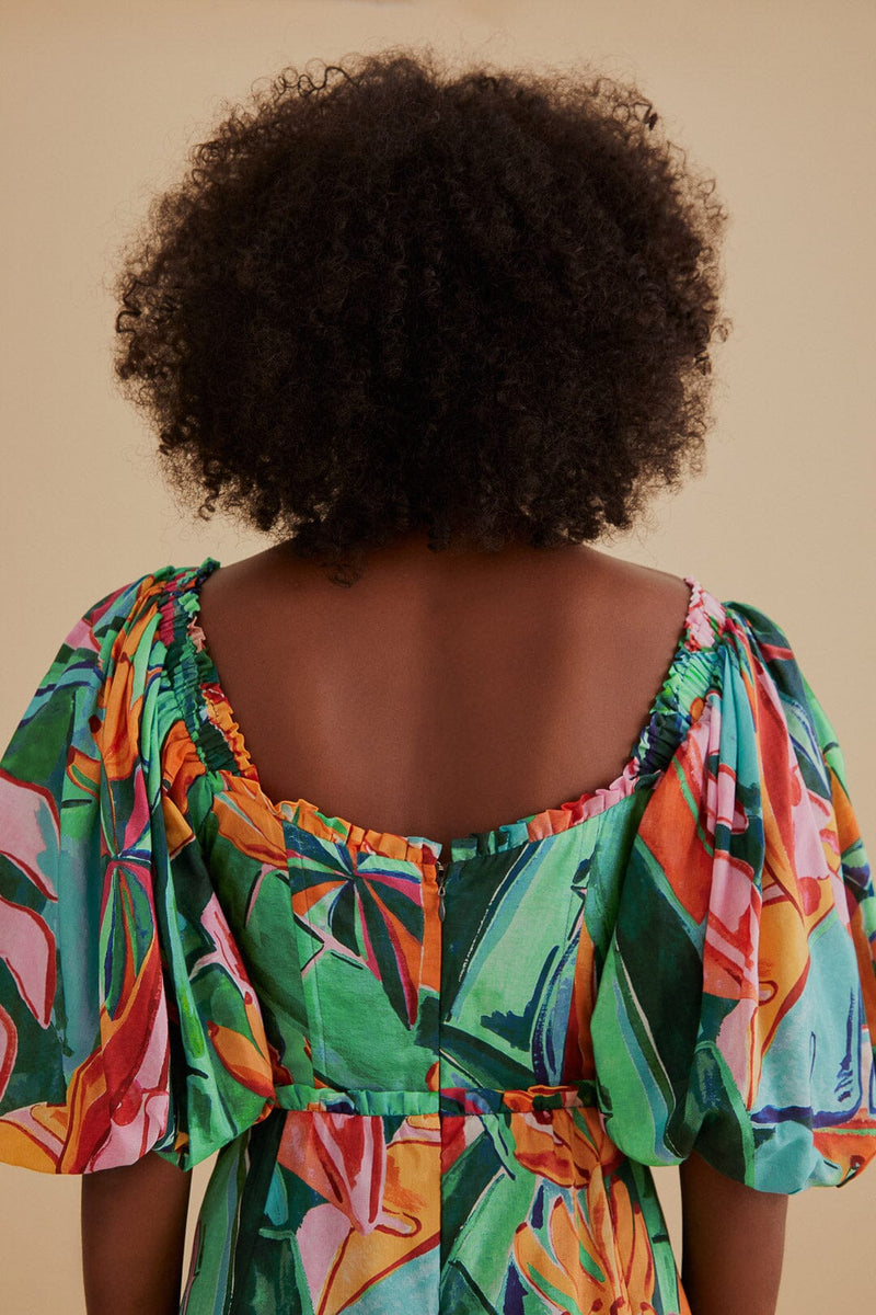 Farm Rio - Multicolor Banana Foliage Puff Sleeve Midi Dress