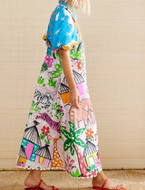 Graphic Print Button-Down Maxi Dress: MULTI / L