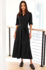 Laine Tie Front Long Dress in Black Weathercloth