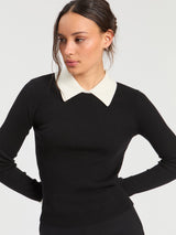 Black Ribbed Contrast-Collar Sweater by Vilagallo - view 2