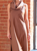 Long Cowl Dress in Tan by Finley Shirts - detail crop