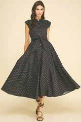 FLORAL BUTTON DOWN MIDI DRESS - 5959DB: BLACK MULTI / M