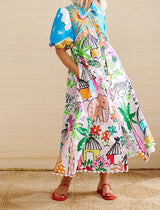 Graphic Print Button-Down Maxi Dress: MULTI / M