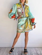 Surreal Print Belted Mini Shirt Dress: GREEN / S