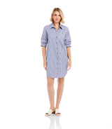 Stripe Ruched Sleeve Shirtdress: Blue With Off White / M