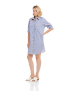 Stripe Ruched Sleeve Shirtdress: Blue With Off White / XL
