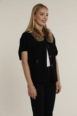 Faux Fur Collar Short Sleeve Cardigan in Black/Chestnut by Dolce Cabo, view 2