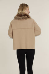 Faux Fur Collar Short Sleeve Cardigan in Camel by Dolce Cabo, view 4