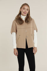 Faux Fur Collar Short Sleeve Cardigan in Camel by Dolce Cabo, view 1