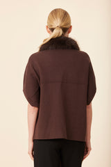 Faux Fur Collar Short Sleeve Cardigan in Espresso by Dolce Cabo, view 4