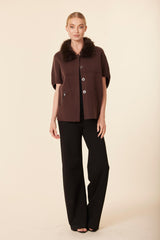 Faux Fur Collar Short Sleeve Cardigan in Espresso by Dolce Cabo, view 2