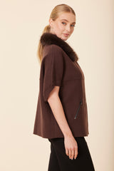 Faux Fur Collar Short Sleeve Cardigan in Espresso by Dolce Cabo, view 3