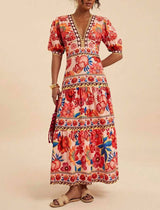 Floral Print Long Dress with Puff Sleeves: FLOWERY / M