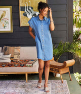 Cap Sleeve Denim Shirtdress: Denim / L
